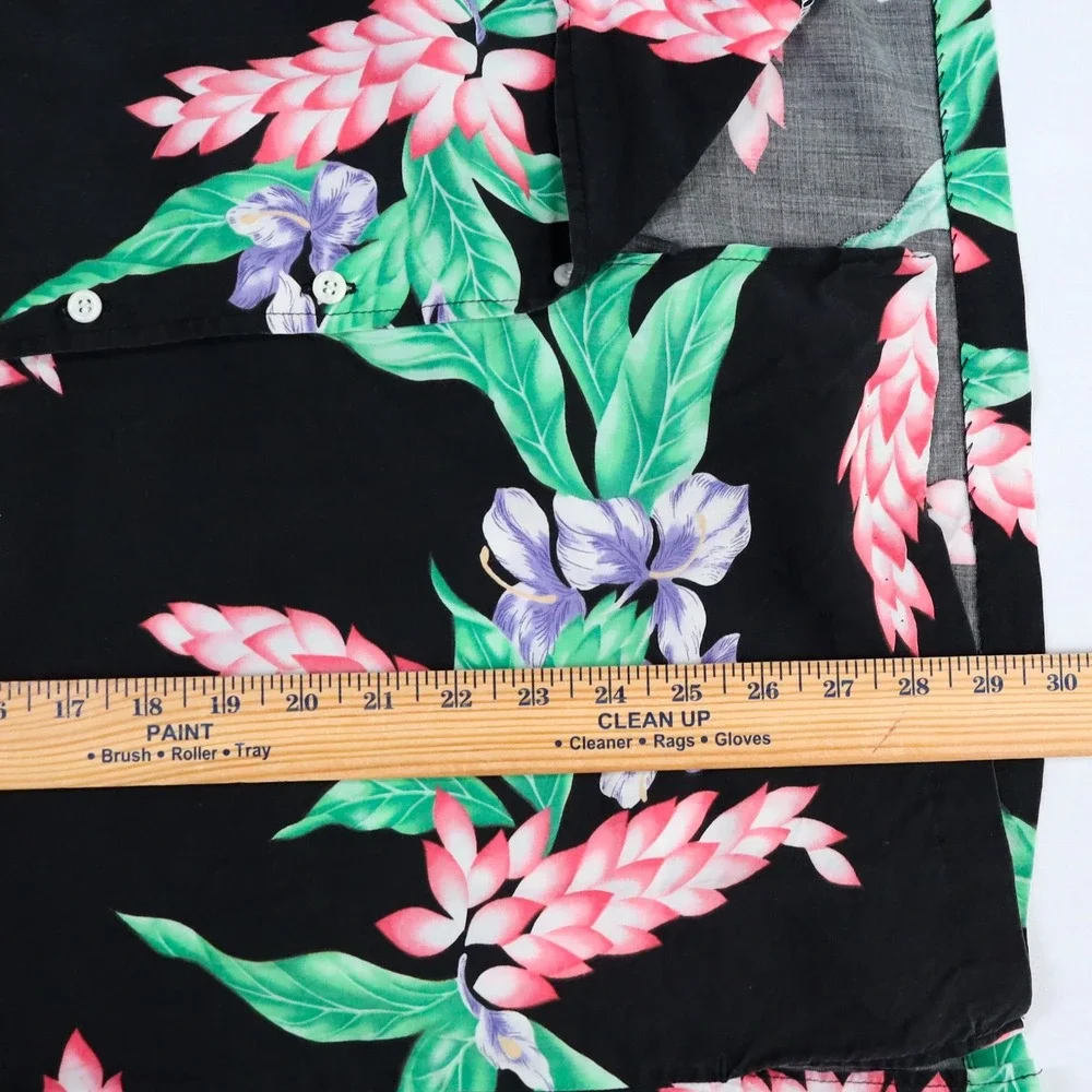 Vintage Reyn Spooner Hawaiian Shirt Mens L Black Floral Rayon Aloha Camp USA‎